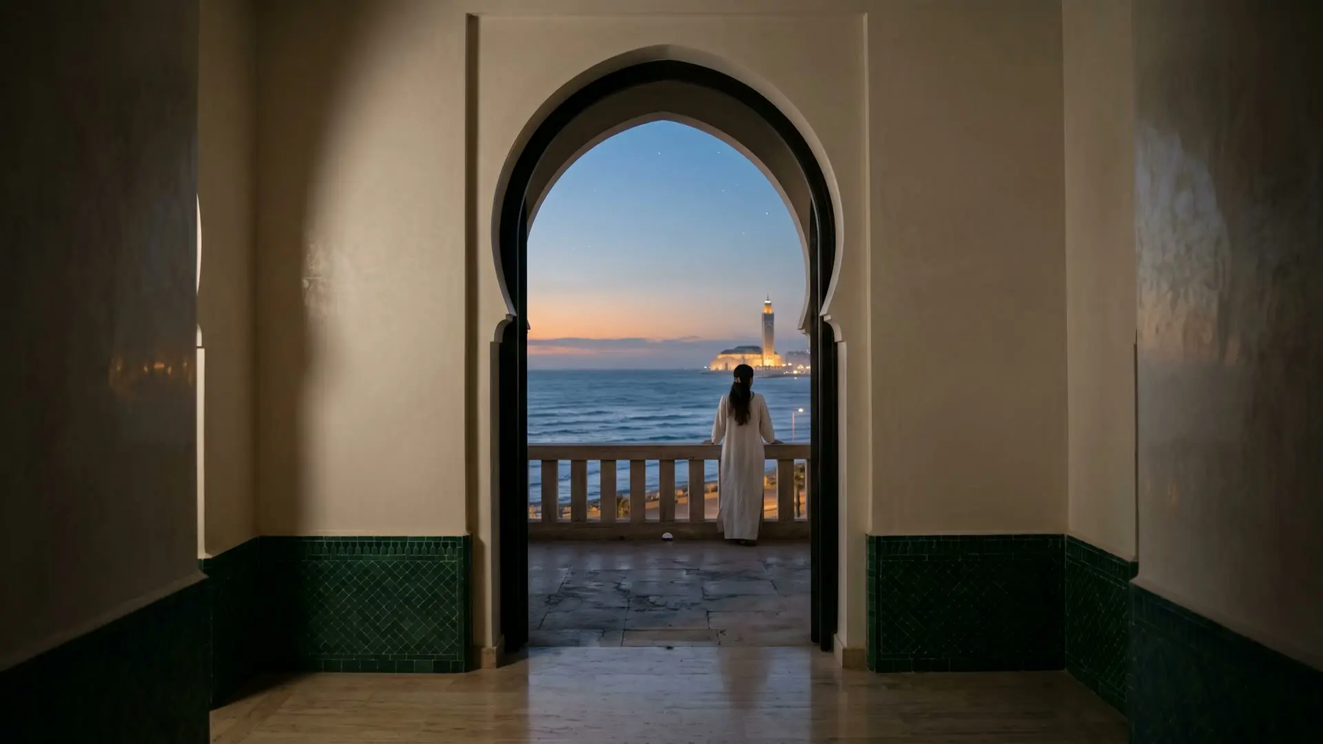A tadelakt hallway leads to a horseshoe-arched doorway; beyond, a woman looks out at the Atlantic and the Hassan II Mosque at dusk
