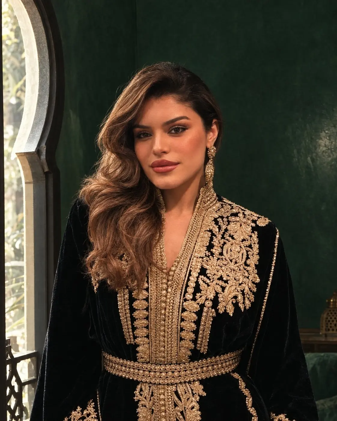 Oumaima Essaid, founder of Essaid Estates, in a black velvet caftan embroidered with gold, by an arched window in an emerald salon