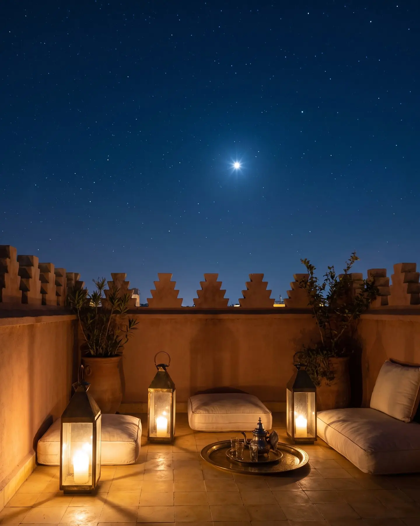 A riad roof terrace at night under the stars, one bright star above the parapet, lanterns lit