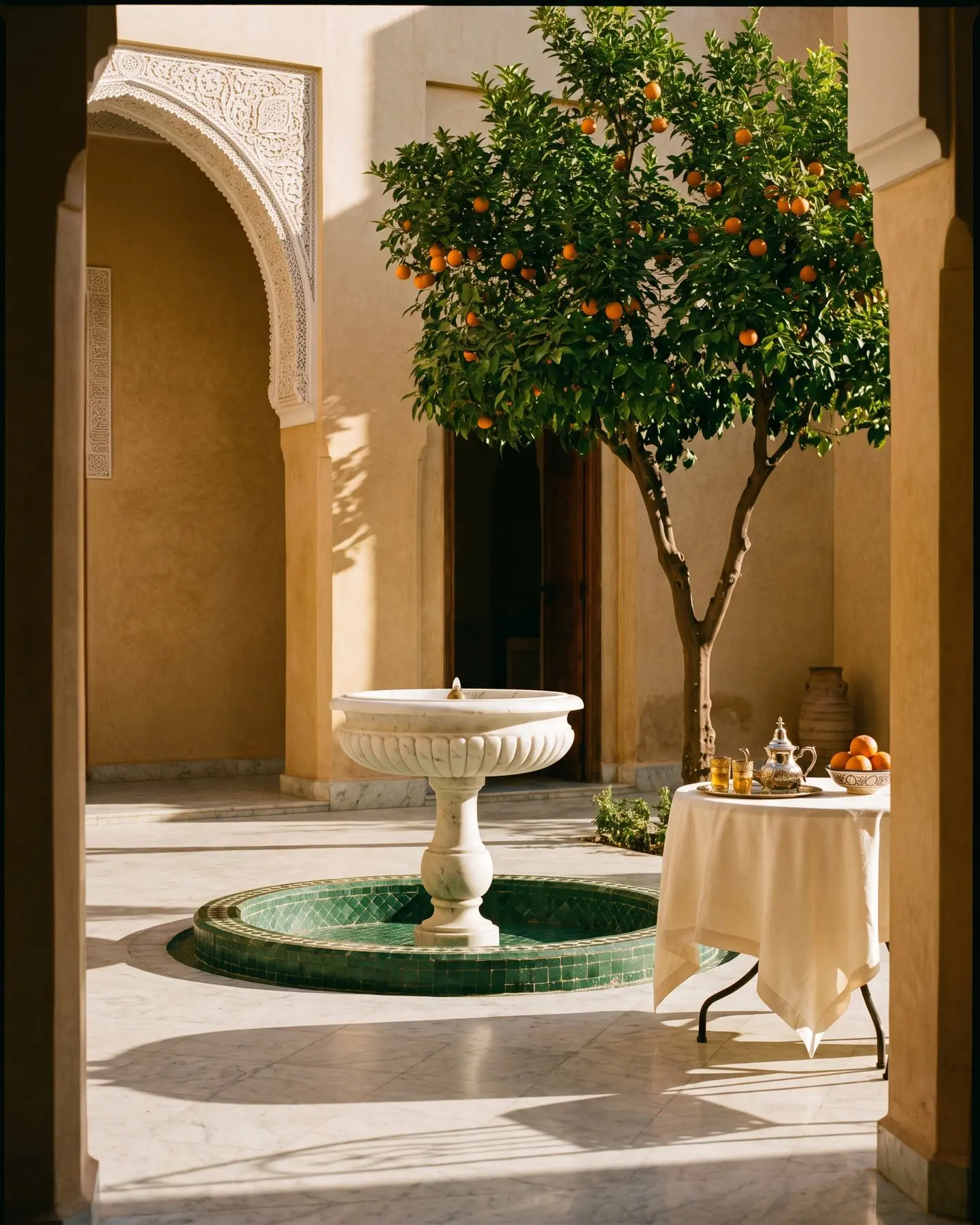 A riad courtyard in the morning sun: a marble fountain, an orange tree, breakfast laid