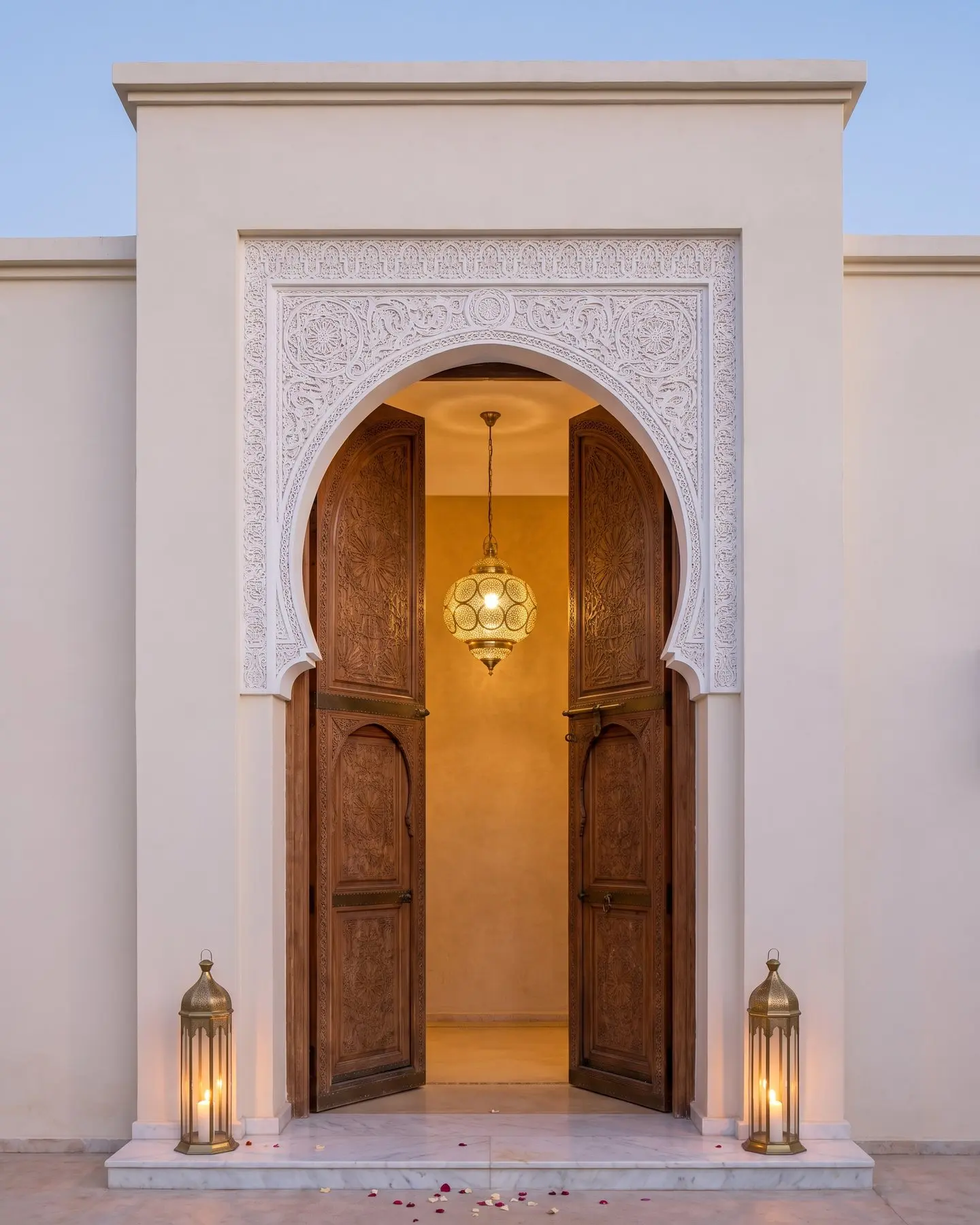 A carved cedar door wide open at dusk onto a golden entrance, a lantern lit on either side